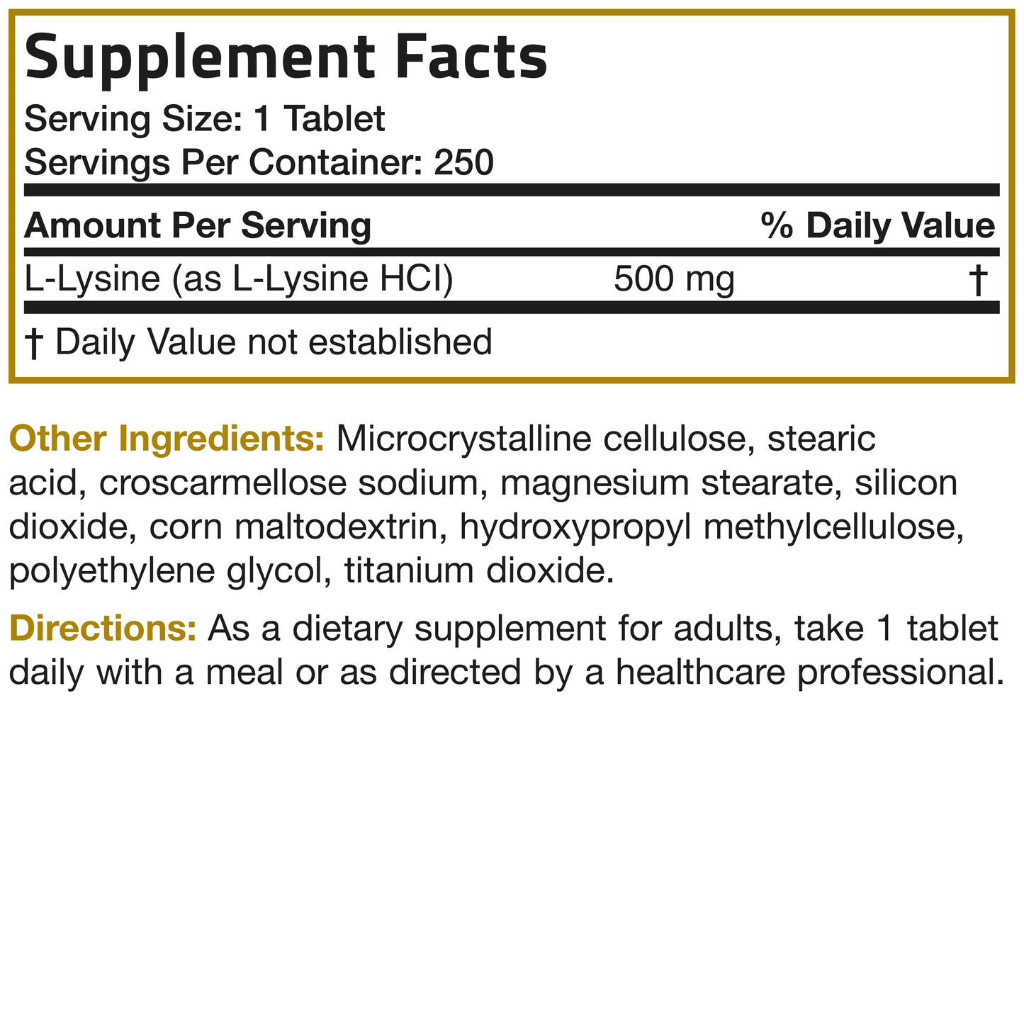 L-Lysine - 500 mg - 250 Tablets.