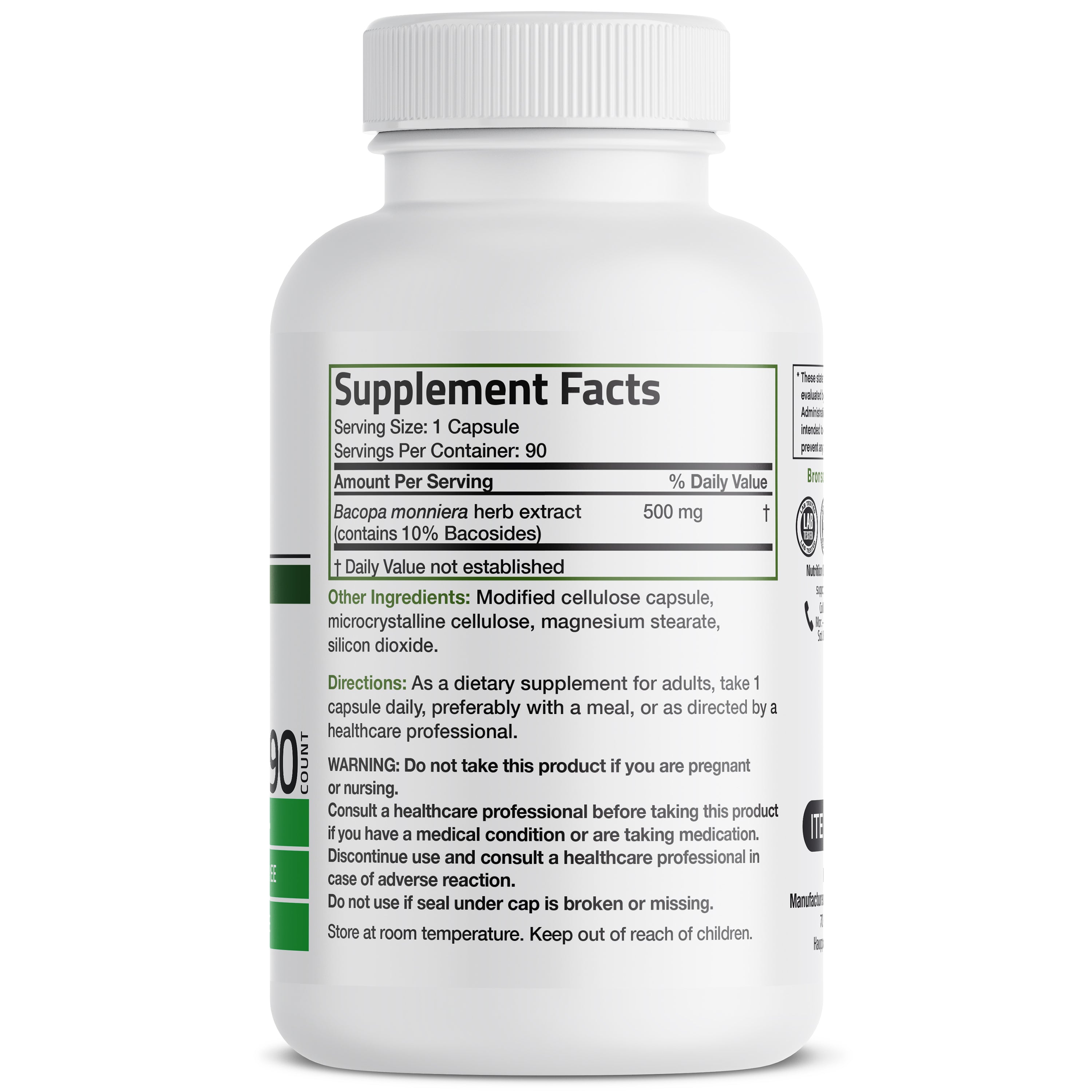 Bacopa Monniera Standardized Extract - 500 mg - 90 Vegetarian Capsules