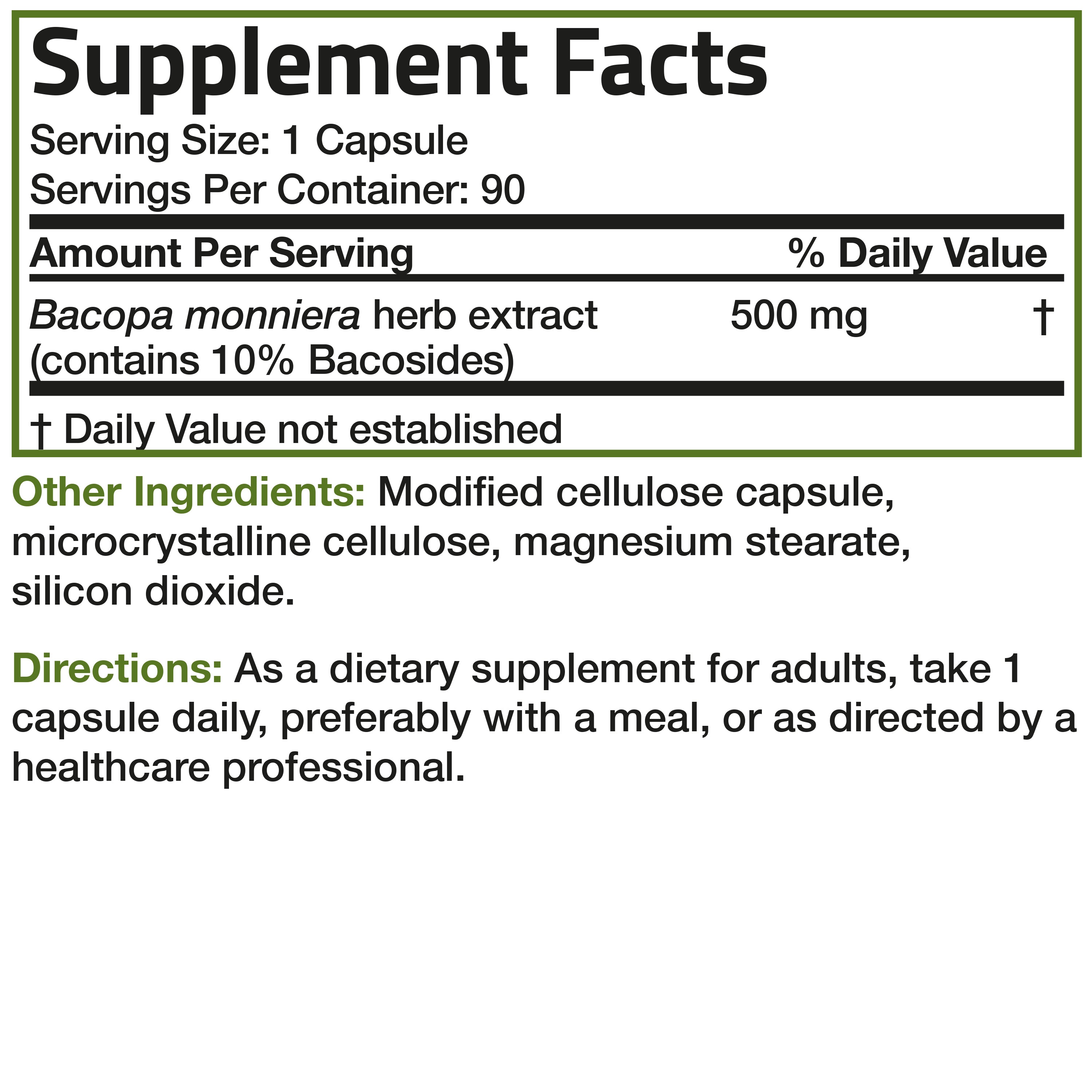 Bacopa Monniera Standardized Extract - 500 mg - 90 Vegetarian Capsules