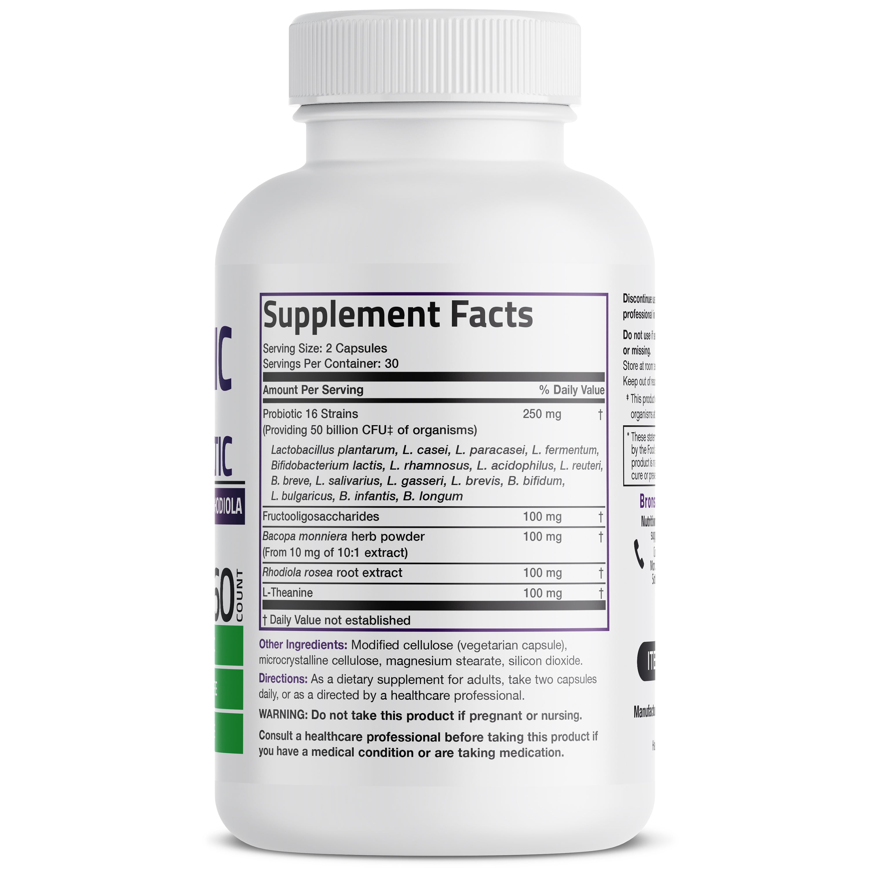 Probiotic Plus Prebiotic with L-Theanine, Bacopa & Rhodiola - 50 Billion CFU - 60 Vegetarian Capsules