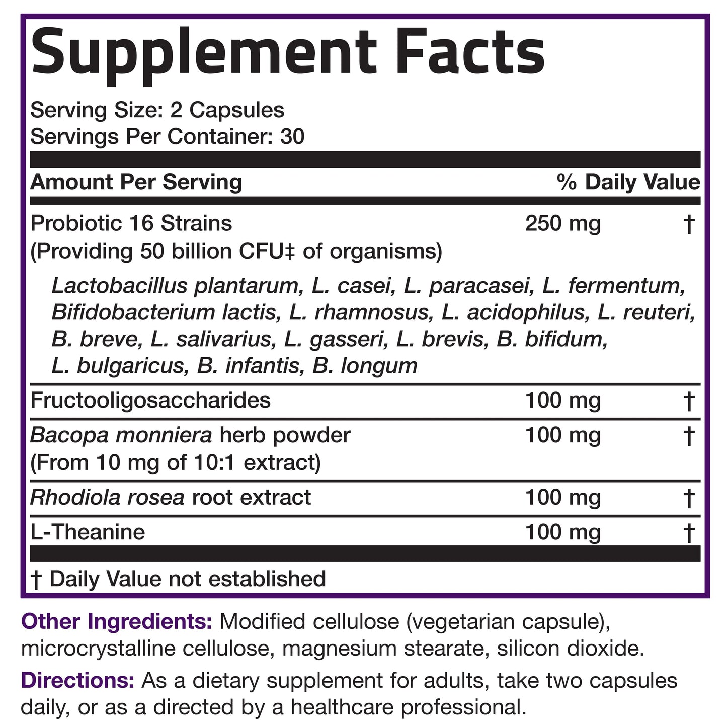 Probiotic Plus Prebiotic with L-Theanine, Bacopa & Rhodiola - 50 Billion CFU.