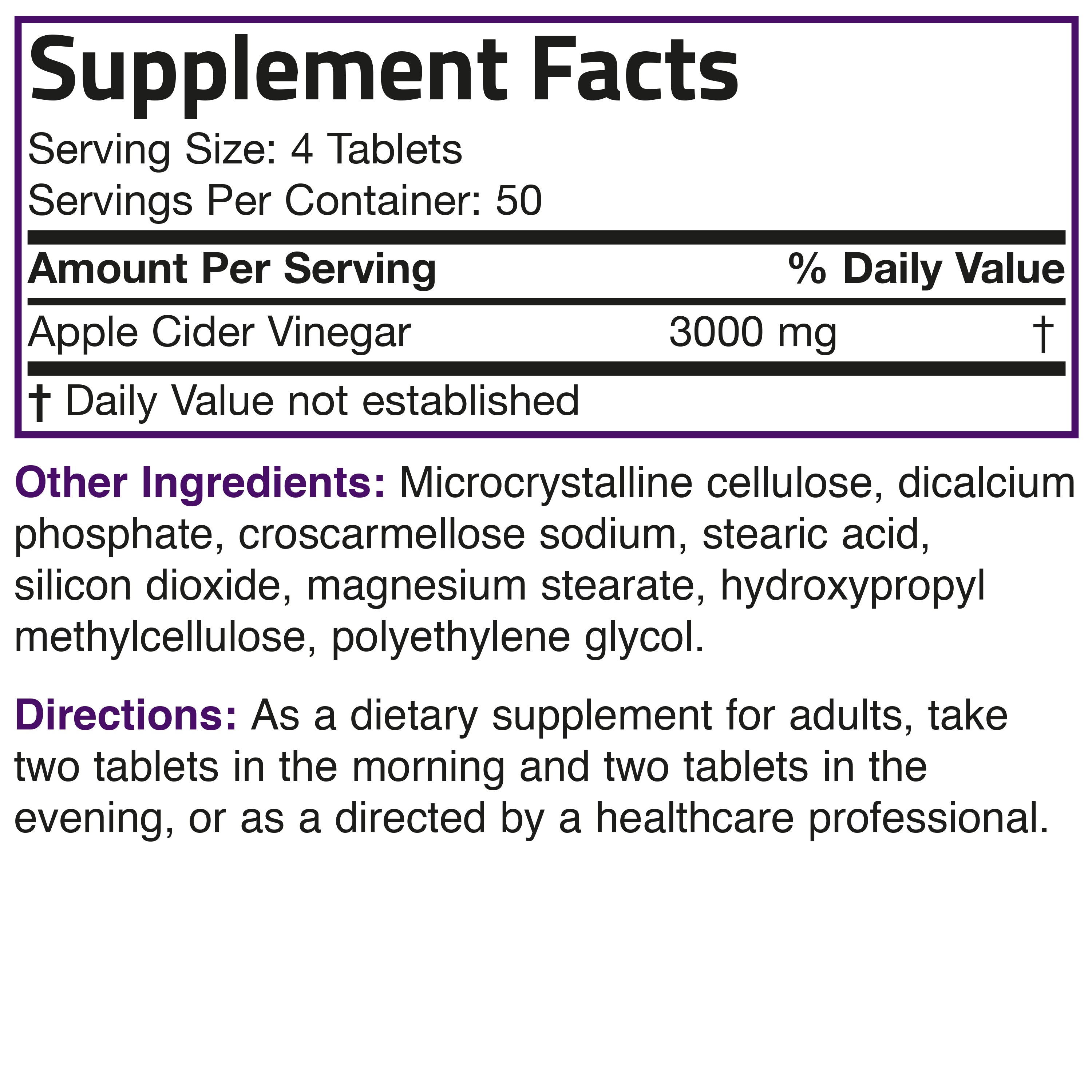 Apple Cider Vinegar 3000 MG, 200 Vegetarian Tablets