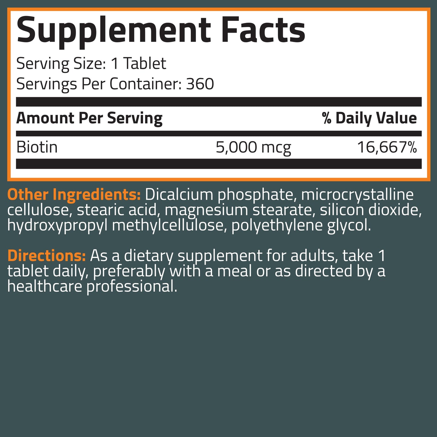 Biotin 5,000 MCG, 360 Tablets.