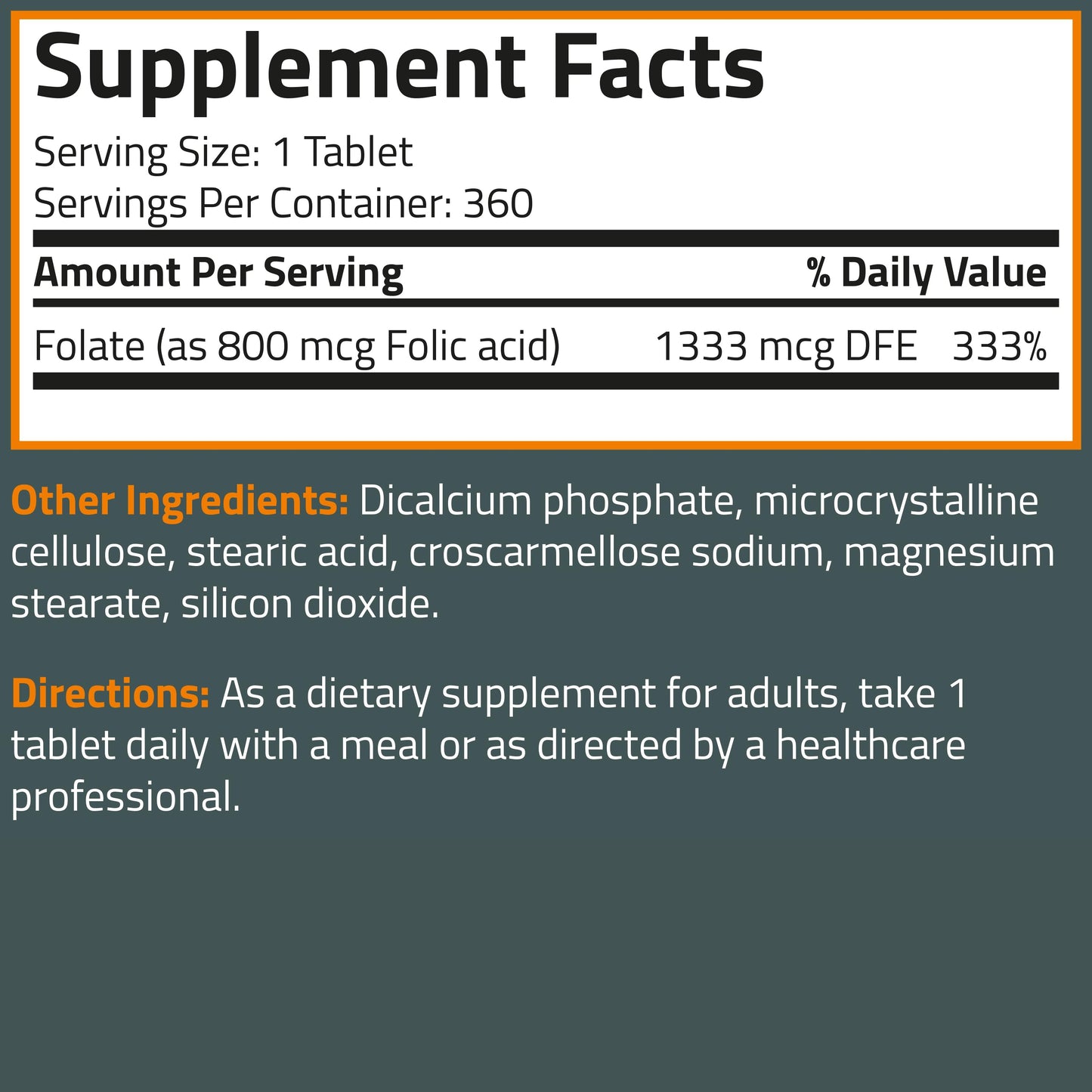 Folic Acid 800 MCG, 360 Tablets.