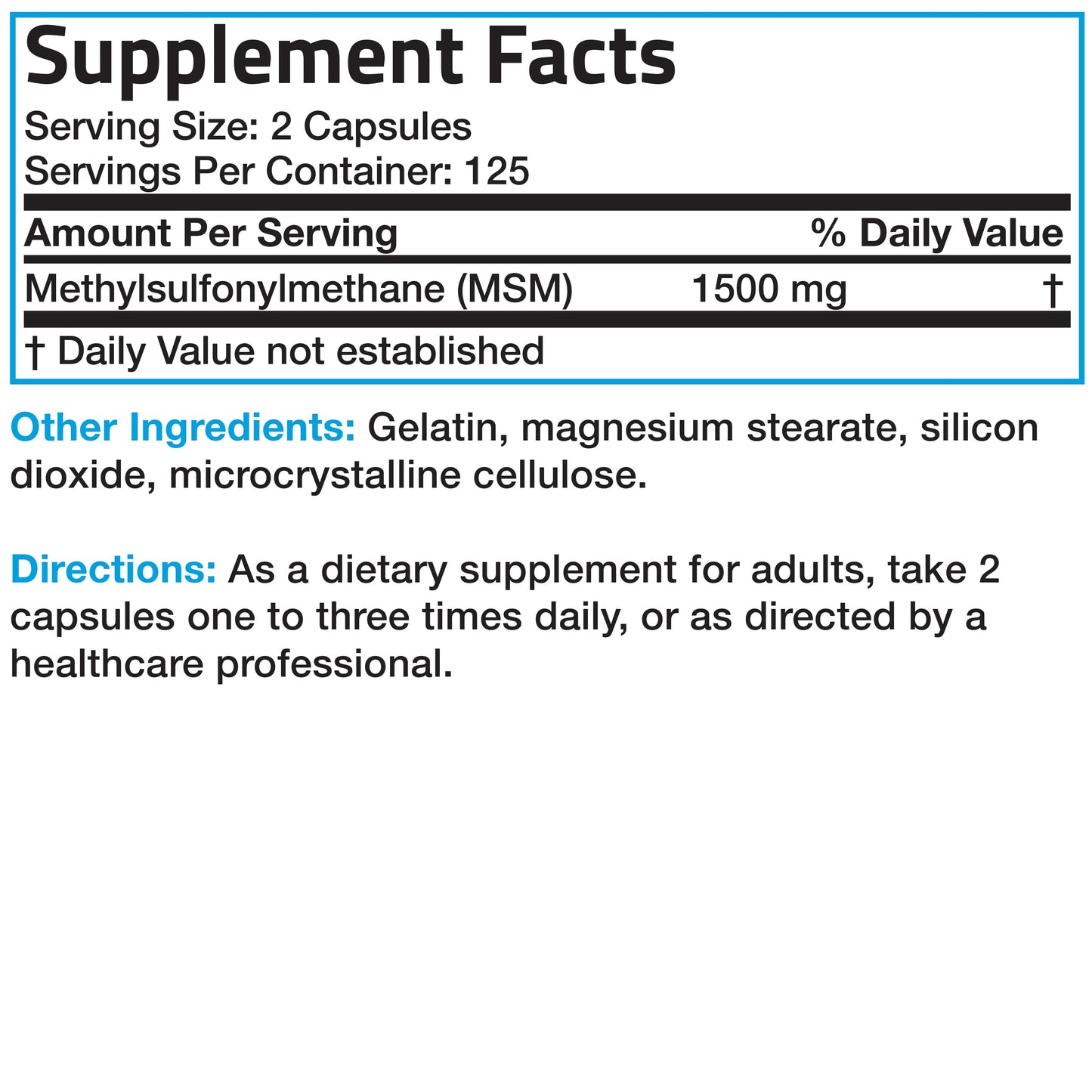 MSM - 1,500 mg - 250 Capsules.