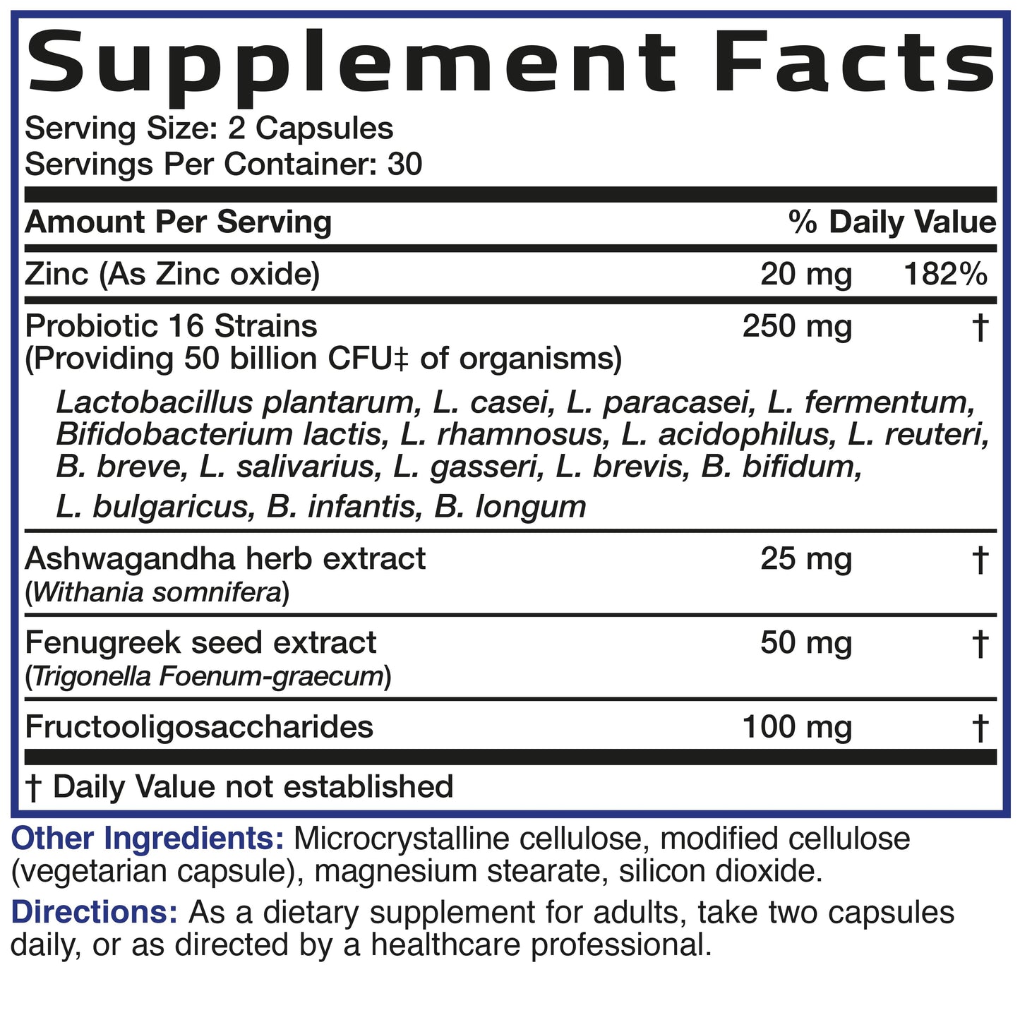 Men's Probiotic 50 Billion CFU Plus Prebiotic with Ashwagandha, Fenugreek & Zinc, 60 Vegetarian Capsules.
