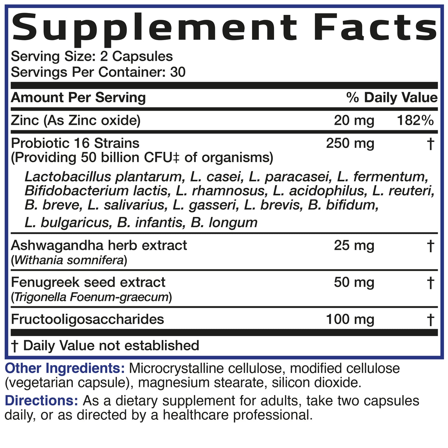 Men's Probiotic 50 Billion CFU Plus Prebiotic with Ashwagandha, Fenugreek & Zinc, 60 Vegetarian Capsules