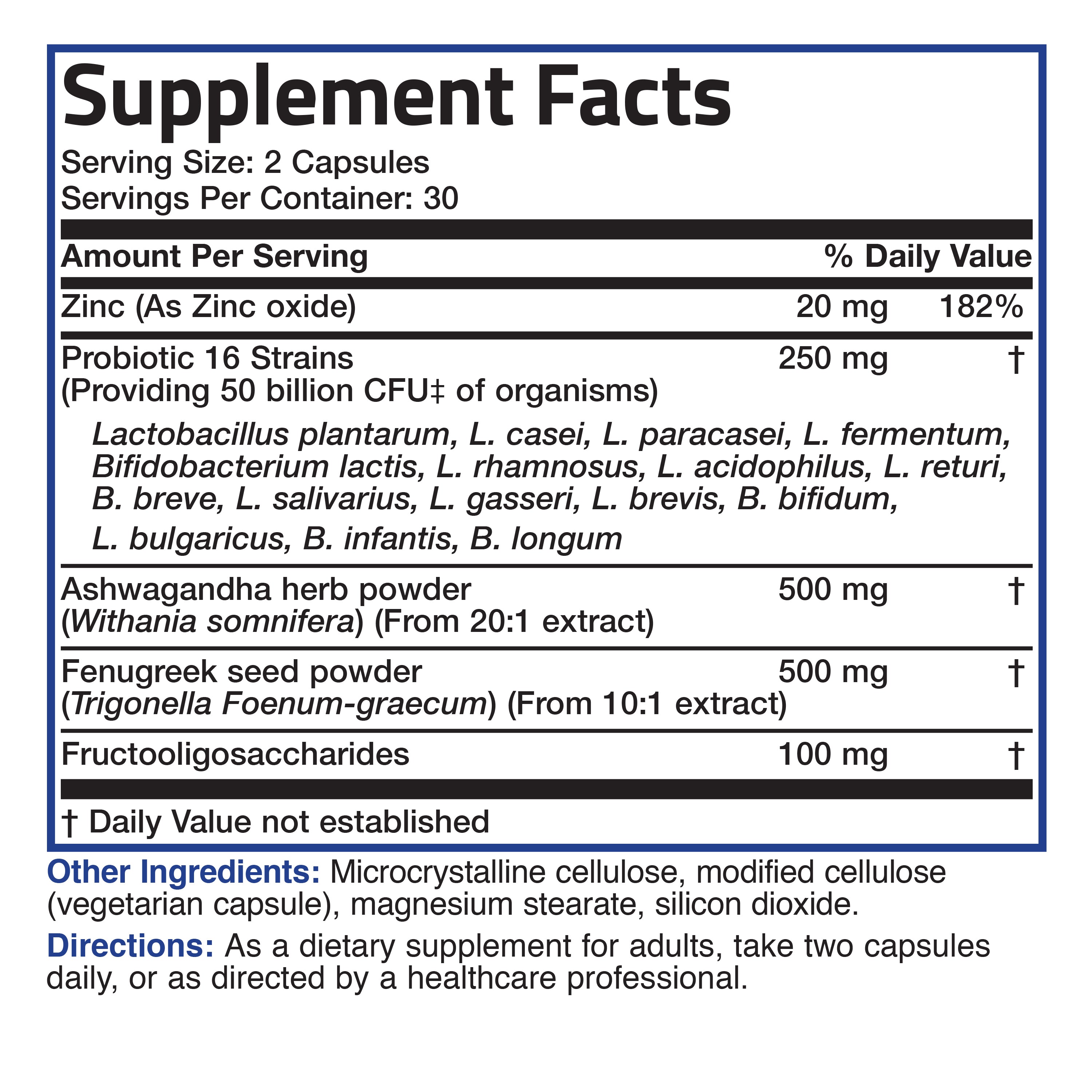 Men's Probiotic 50 Billion CFU Plus Prebiotic with Ashwagandha, Fenugreek & Zinc, 60 Vegetarian Capsules