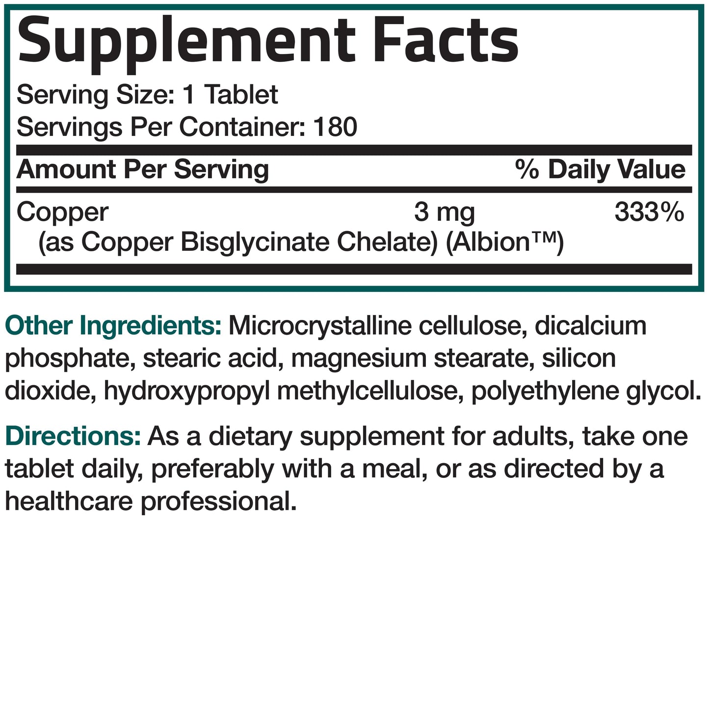 Copper Glycinate 3 MG, 180 Vegetarian Tablets.