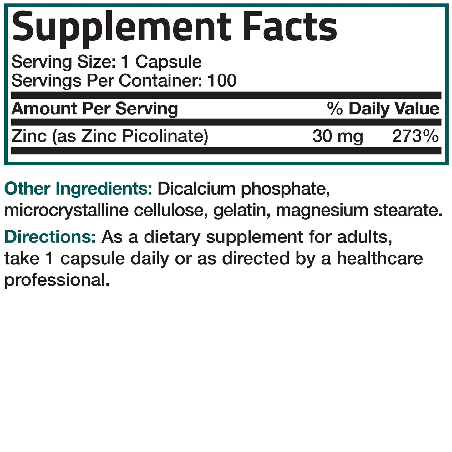 Zinc Picolinate - 30 mg - 100 Capsules.