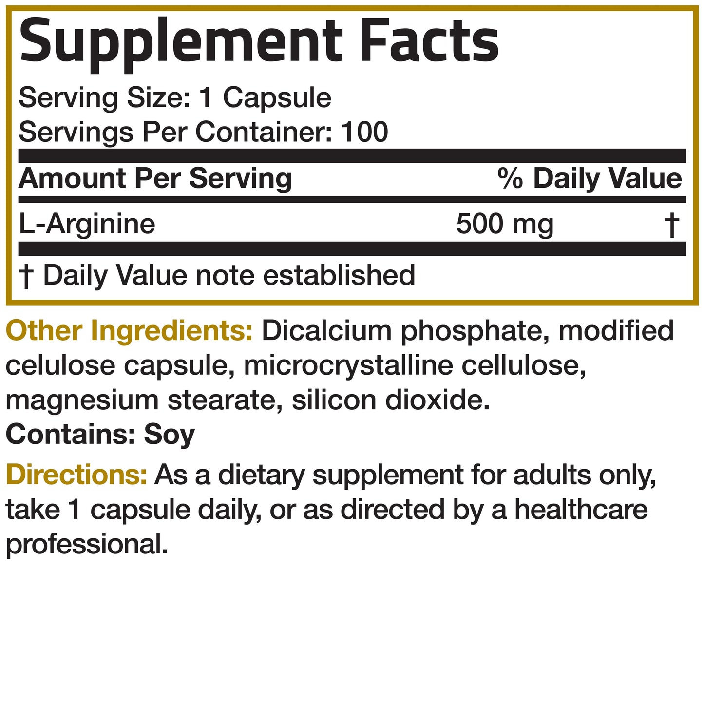 L-Arginine - 500 mg - 100 Capsules.