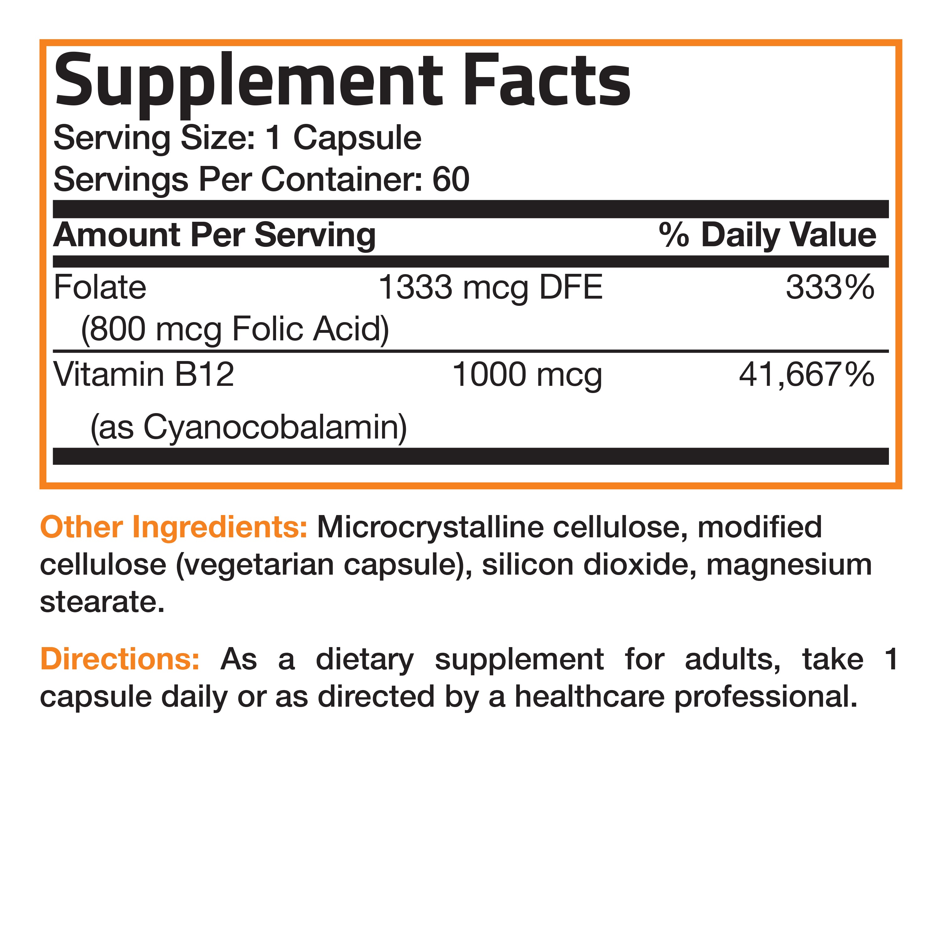 Folic Acid Plus Vitamin B12 - 60 Vegetarian Capsules