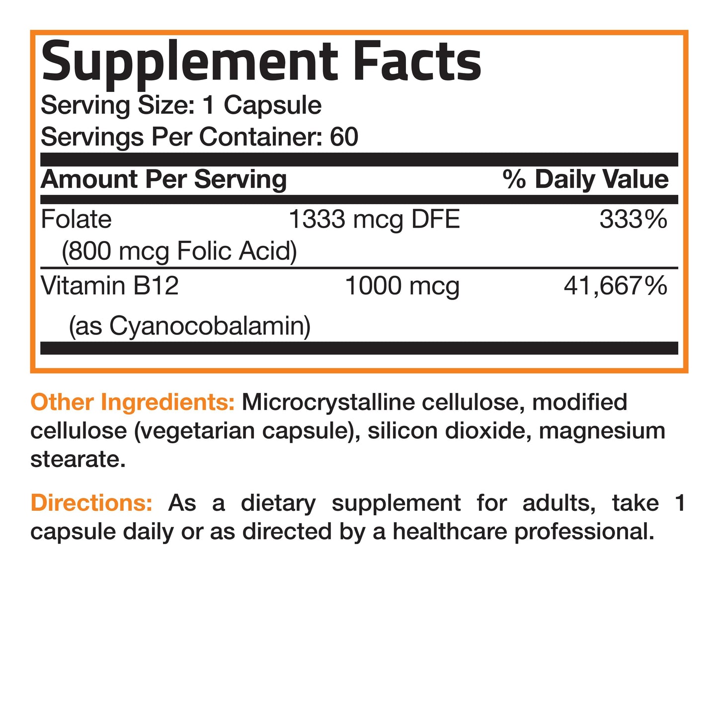 Folic Acid Plus Vitamin B12 - 60 Vegetarian Capsules.