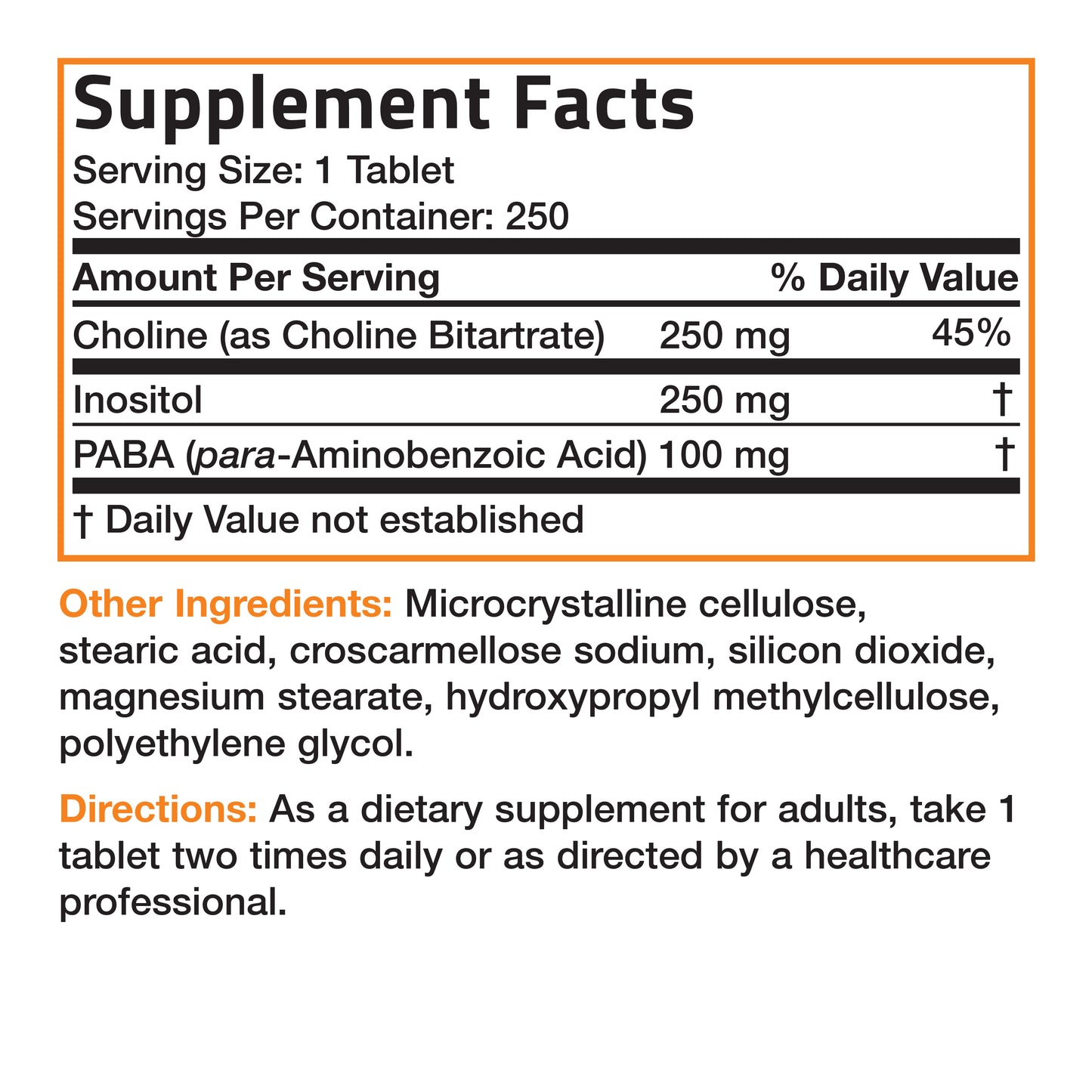 Choline with Inositol and Paba - 250 Tablets