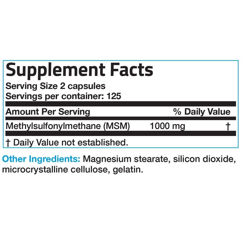 Bronson Vitamins MSM - 1,000 mg - 250 Capsules, Item #107B, Supplement Facts Panel