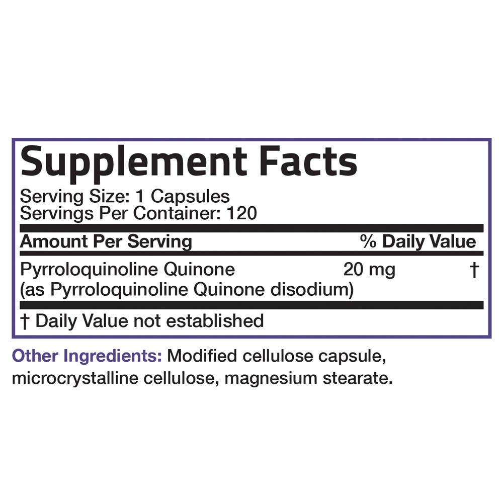 Bronson Vitamins PQQ Vitality Pyroloquinoline Quinone - 20 mg - 120 Vegetarian Capsules, Item #1130-120, Supplement Facts Panel
