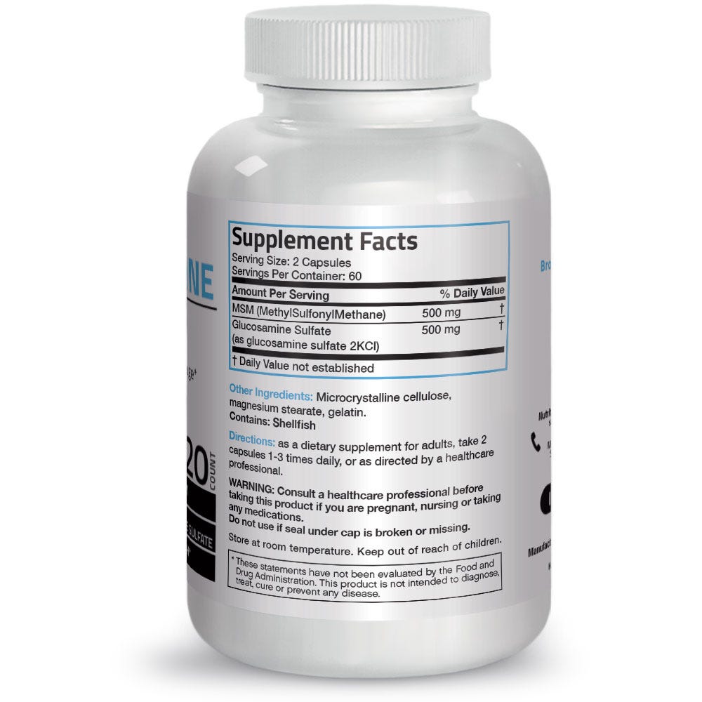 Bronson Vitamins MSM with Glucosamine - 120 Capsules, Item #115, Bottle, Back Label, Supplement Facts, Other Ingredients, Directions and Warnings