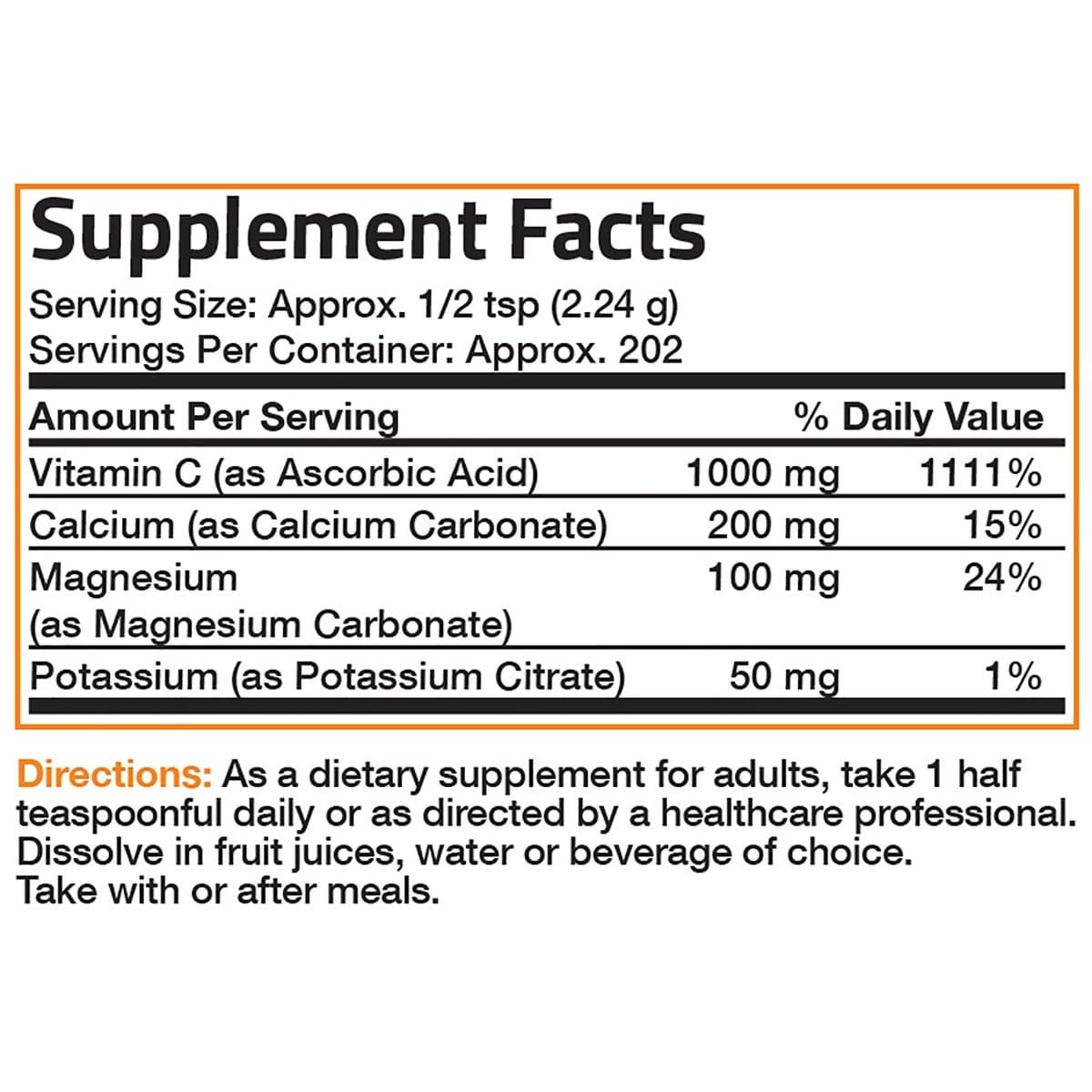 Vitamin C Powder with Calcium, Magnesium, Potassium - 1 lb (454g).
