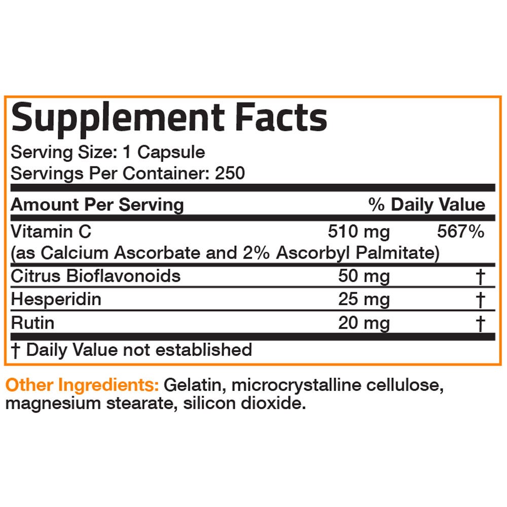 Bronson Vitamins Vitamin C Complex with Citrus Bioflavonoids - 500 mg - 250 Capsules, Item #160B, Supplement Facts Panel