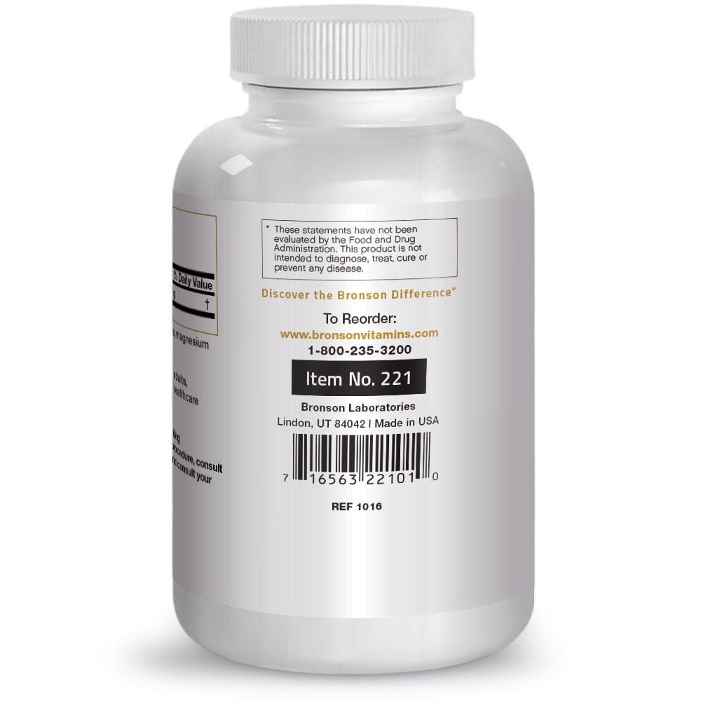 Bronson Vitamins L-Arginine - 500 mg - 100 Capsules, Item #221, Bottle, Side Label, Contact Info
