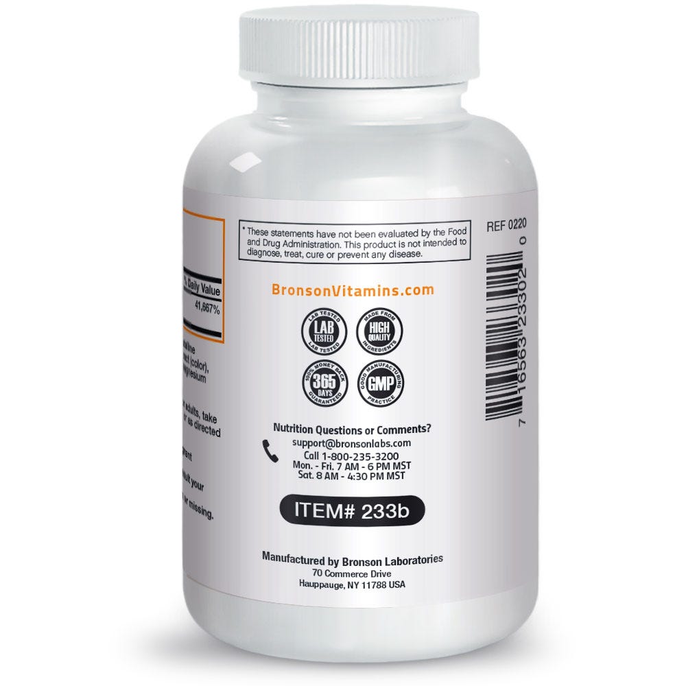 Bronson Vitamins Vitamin B12 Quick Release Sublingual - Cherry - 1,000 mcg - 250 Tablets, Item #233B, Bottle, Side Label, Lab Tested Icon, High-Quality Icon, Money back Guarantee Icon, GMP Icon, Contact Info