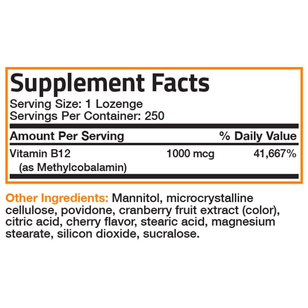 Bronson Vitamins Vitamin B12 Quick Release Sublingual - Cherry - 1,000 mcg - 250 Tablets, Item #233B, Supplement Facts Panel