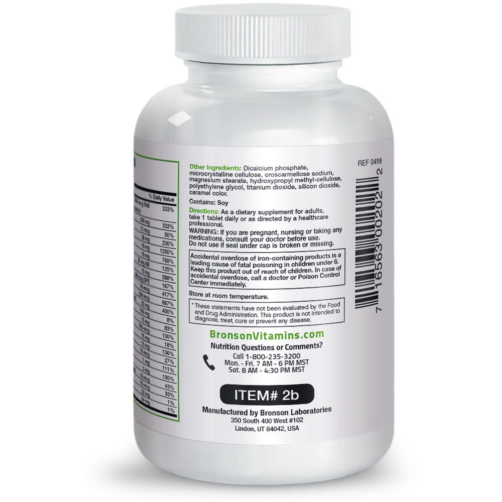 Bronson Vitamins Therapeutic Formula Once Daily Multivitamin - 250 Tablets, Item #2B, Bottle, Side Label, Directions, Warnings