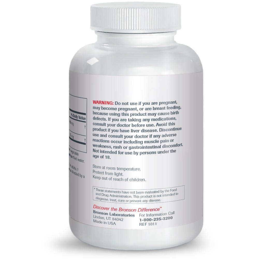 CoQ10 with Red Yeast Rice - 120 Softgels, Item #339B, Bottle, Back Label, Warnings, Contact Info