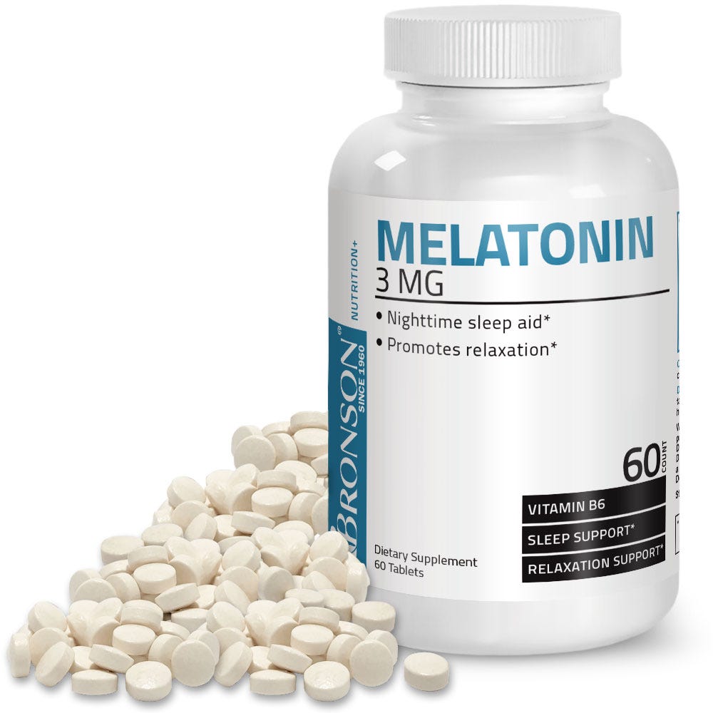 Bronson Vitamins Melatonin Sleep Aid Formula - 3 mg - 60 Tablets, Item #428, Bottle, Front Label with Tablets