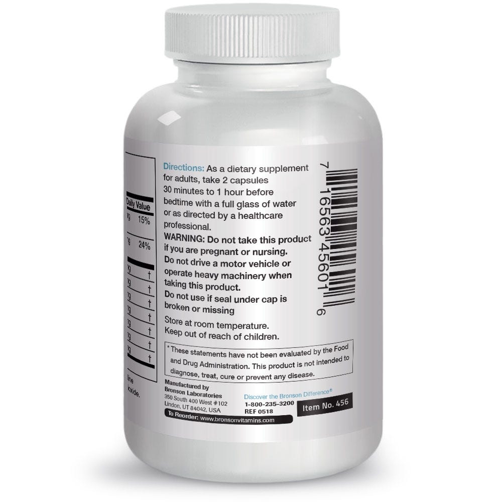 Bronson Vitamins Herbal Sleep Aid with Valerian - 100 Capsules, Item #456, Bottle, Back Label, Directions and Warnings