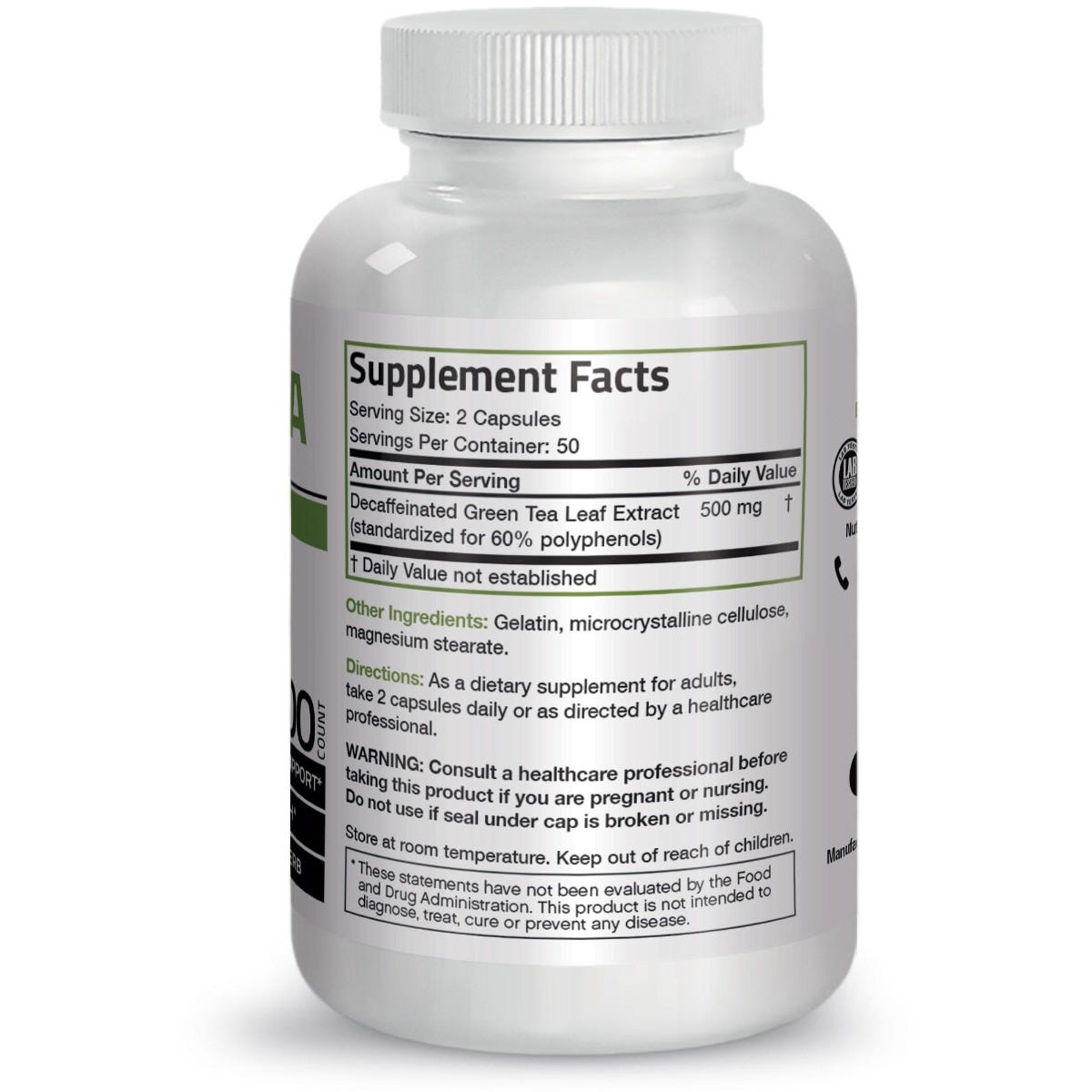 Caffeine Free Green Tea Extract - 500 mg - 100 Capsules