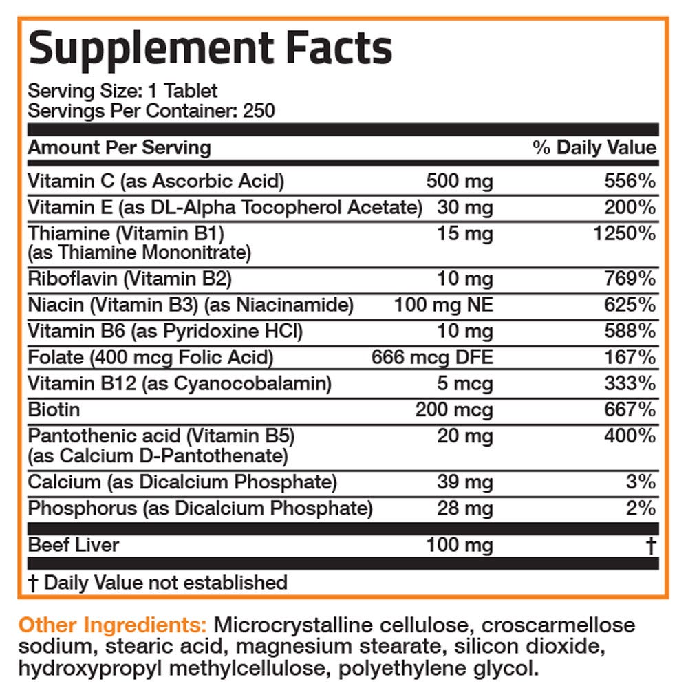 Bronson Vitamins Vitamin B-Complex with Vitamins C & E - 250 Tablets, Item #4B, Supplement Facts Panel
