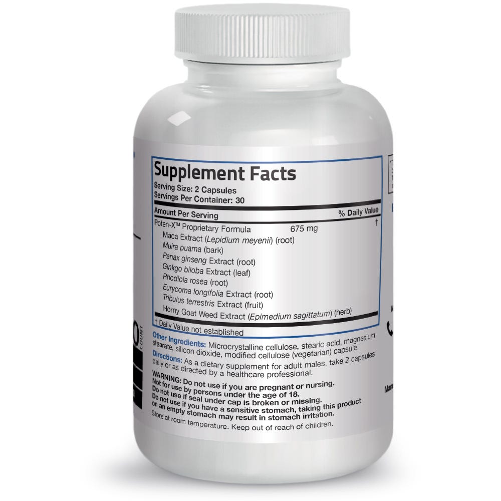 Bronson Vitamins Poten-X™ for Men - 60 Capsules, Item #578, Bottle, Back Label, Supplement Facts, Other Ingredients, Directions and Warnings