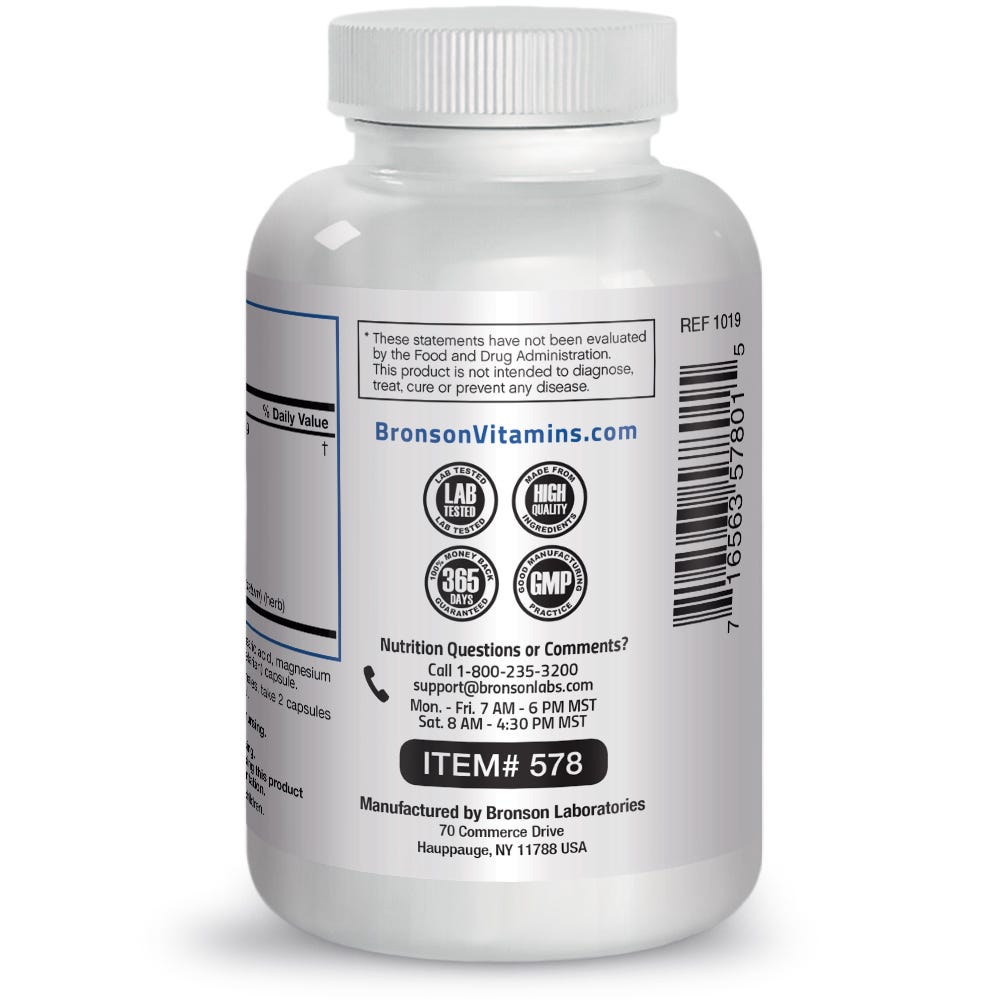 Bronson Vitamins Poten-X™ for Men - 60 Capsules, Item #578, Bottle, Side Label, Lab Tested Icon, High-Quality Icon, Money back Guarantee Icon, GMP Icon, Contact Info