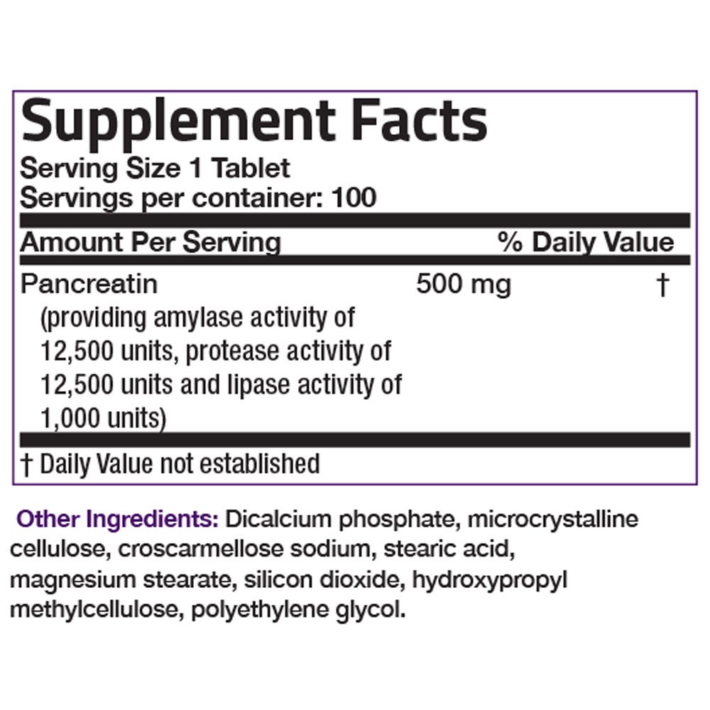 Bronson Vitamins Multiple Digestive Enzymes Amylase Protease Lipase - 100 Tablets, Item #62A, Supplement Facts Panel