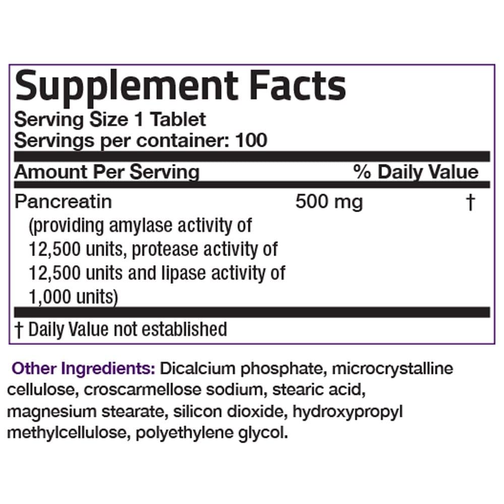 Bronson Vitamins Multiple Digestive Enzymes Amylase Protease Lipase - 100 Tablets, Item #62A, Supplement Facts Panel