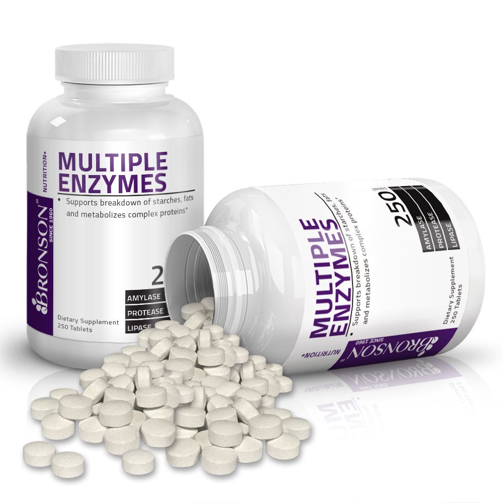Bronson Vitamins Multiple Digestive Enzymes Amylase Protease Lipase - 250 Tablets, Item #62B, Two Bottles , Front Label, One Bottle on Side, Capsules Displayed