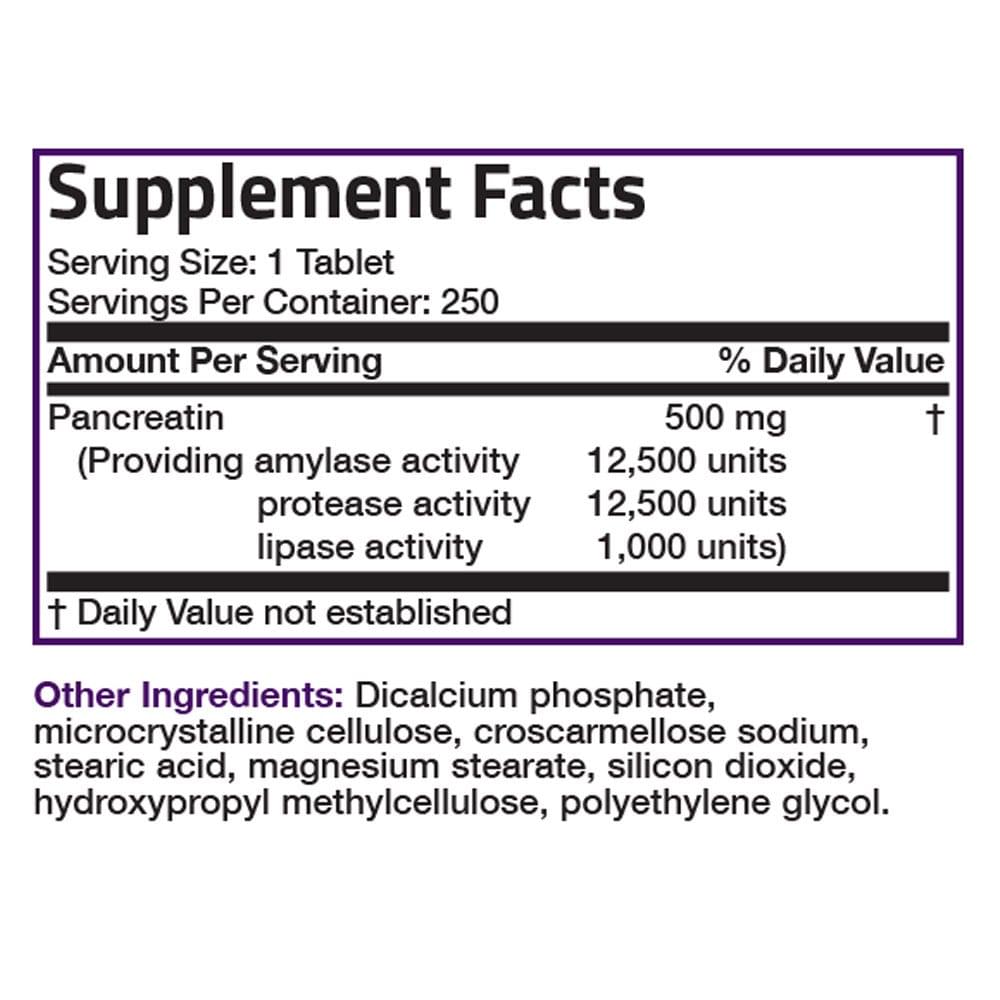Bronson Vitamins Multiple Digestive Enzymes Amylase Protease Lipase - 250 Tablets, Item #62B, Supplement Facts Panel