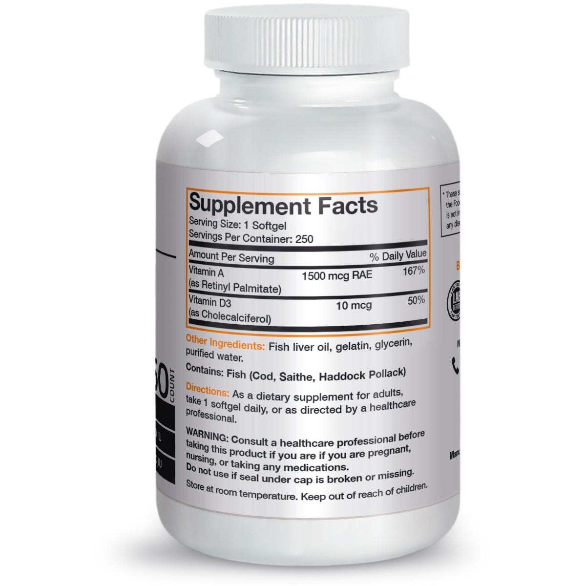 Bronson Vitamins Vitamin A & D Fish Liver Oil EFA - 250 Softgels, Item #68B, Bottle, Back Label, Supplement Facts, Other Ingredients, Directions and Warnings