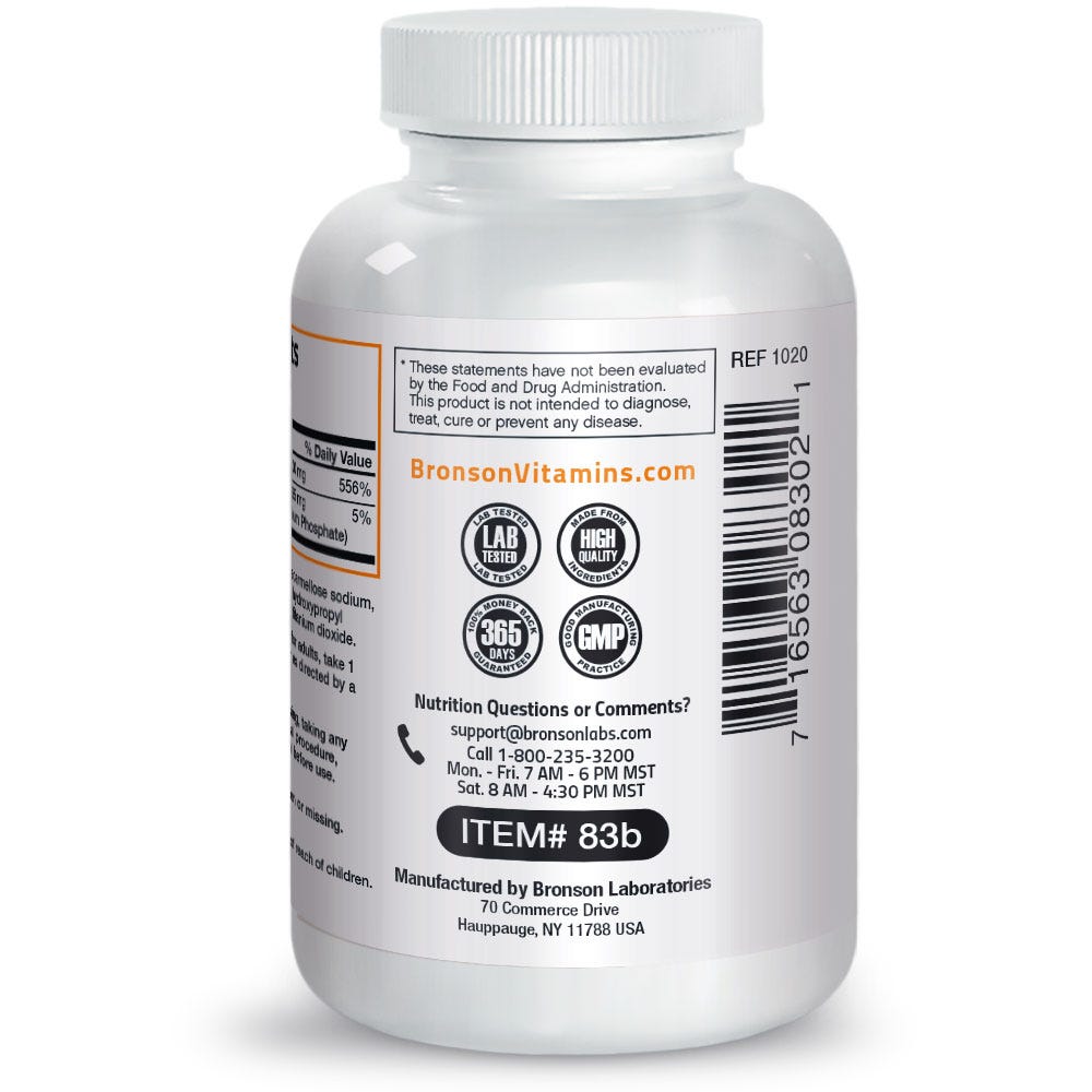 Buffered Vitamin C with Calcium Ascorbate - 500 mg - 250 Tablets, Item #83B, Bottle, Side Label, FDA Statement: *These statements have not been evaluated by the Food and Drug Administration. This product is not intended to diagnose, treat, cure or prevent