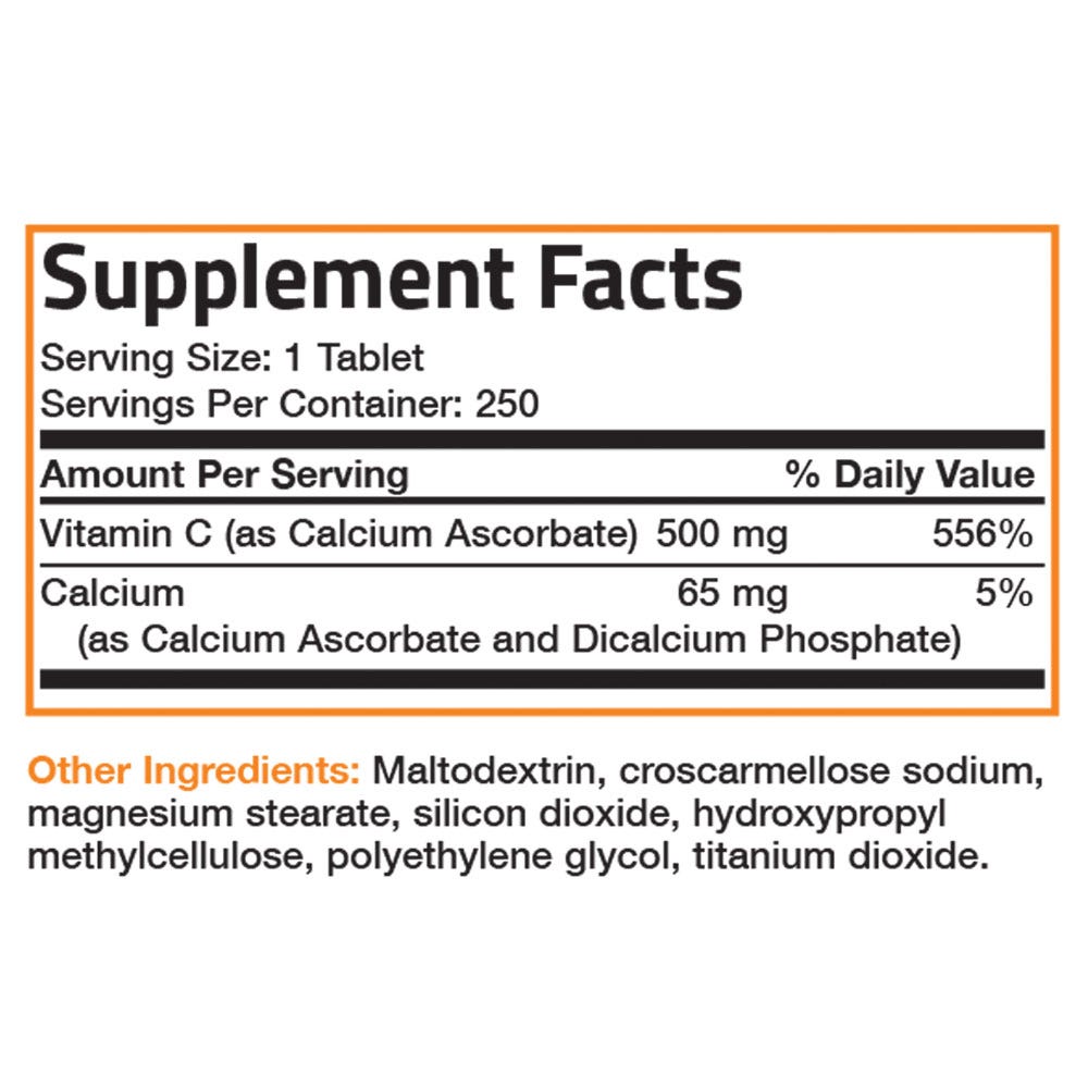 Buffered Vitamin C with Calcium Ascorbate - 500 mg - 250 Tablets, Item #83B, Supplement Facts Panel