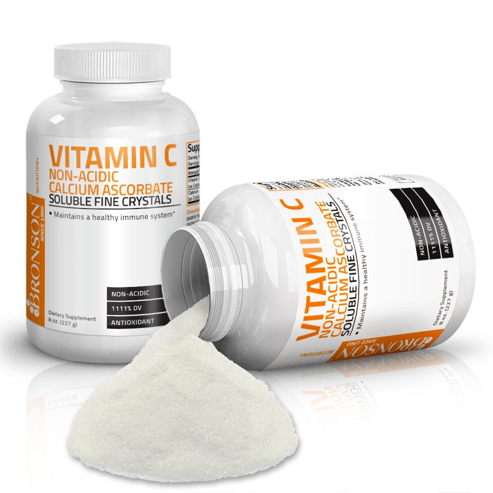 Bronson Vitamins Vitamin C Non-Acidic Calcium Ascorbate Crystals - 1,000 mg - 8 oz (227g), Item #84A, Two Bottles, Front Label with Small Pile of Granules