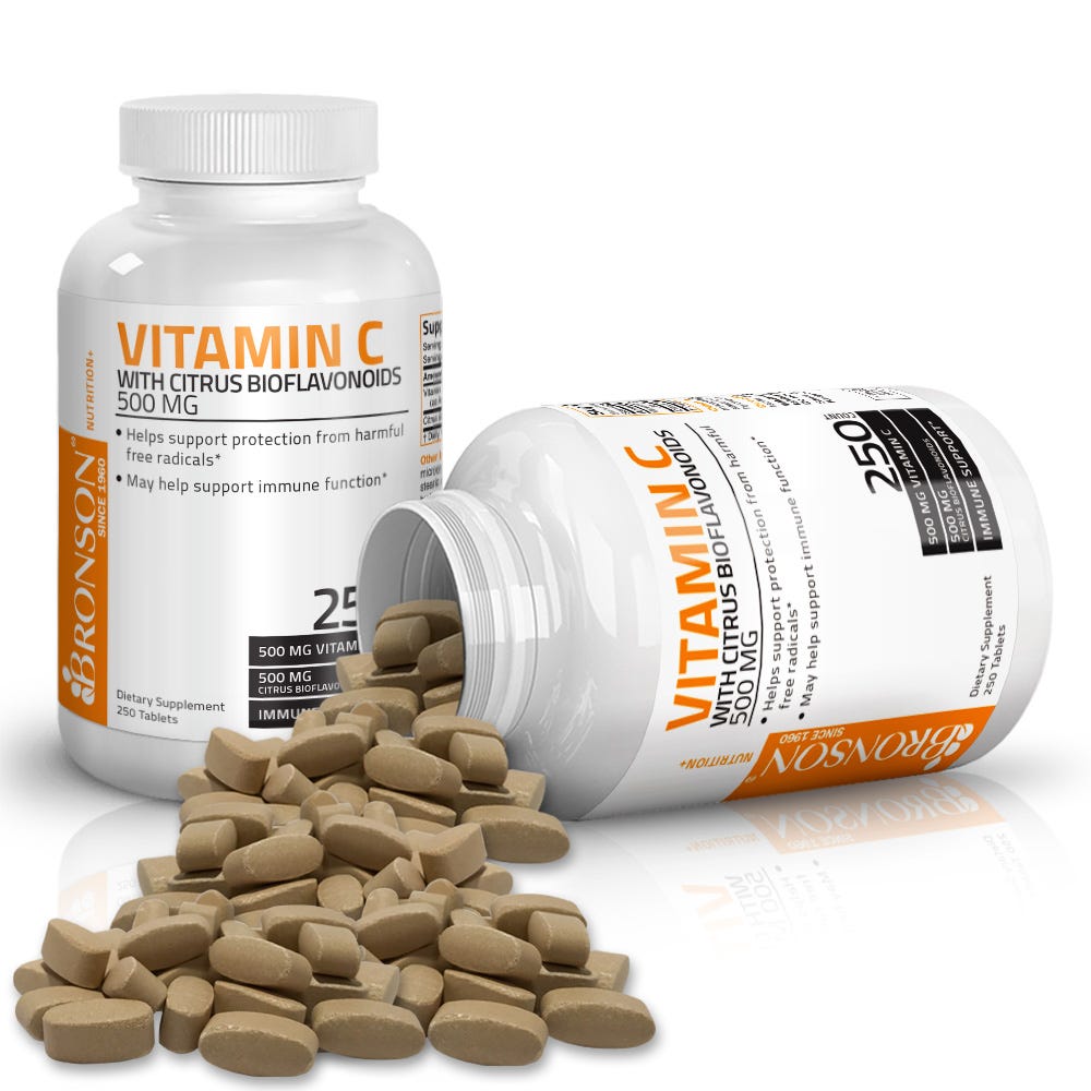 Bronson Vitamins Vitamin C Ascorbic Acid with Citrus Bioflavonoids - 500 mg - 250 Tablets, Item #85B, Two Bottles , Front Label, One Bottle on Side, Tablets Displayed