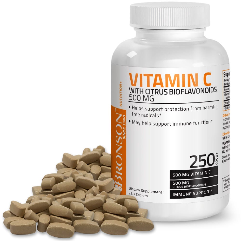 Bronson Vitamins Vitamin C Ascorbic Acid with Citrus Bioflavonoids - 500 mg - 250 Tablets, Item #85B, Bottle, Front Label with Tablets