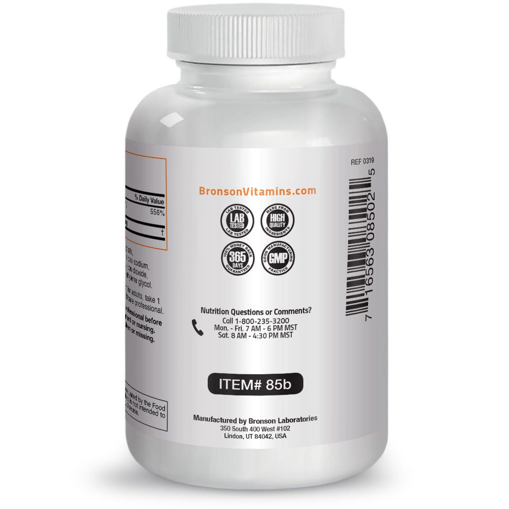 Bronson Vitamins Vitamin C Ascorbic Acid with Citrus Bioflavonoids - 500 mg - 250 Tablets, Item #85B, Bottle, Side Label, Lab Tested Icon, High-Quality Icon, Money back Guarantee Icon, GMP Icon, Contact Info