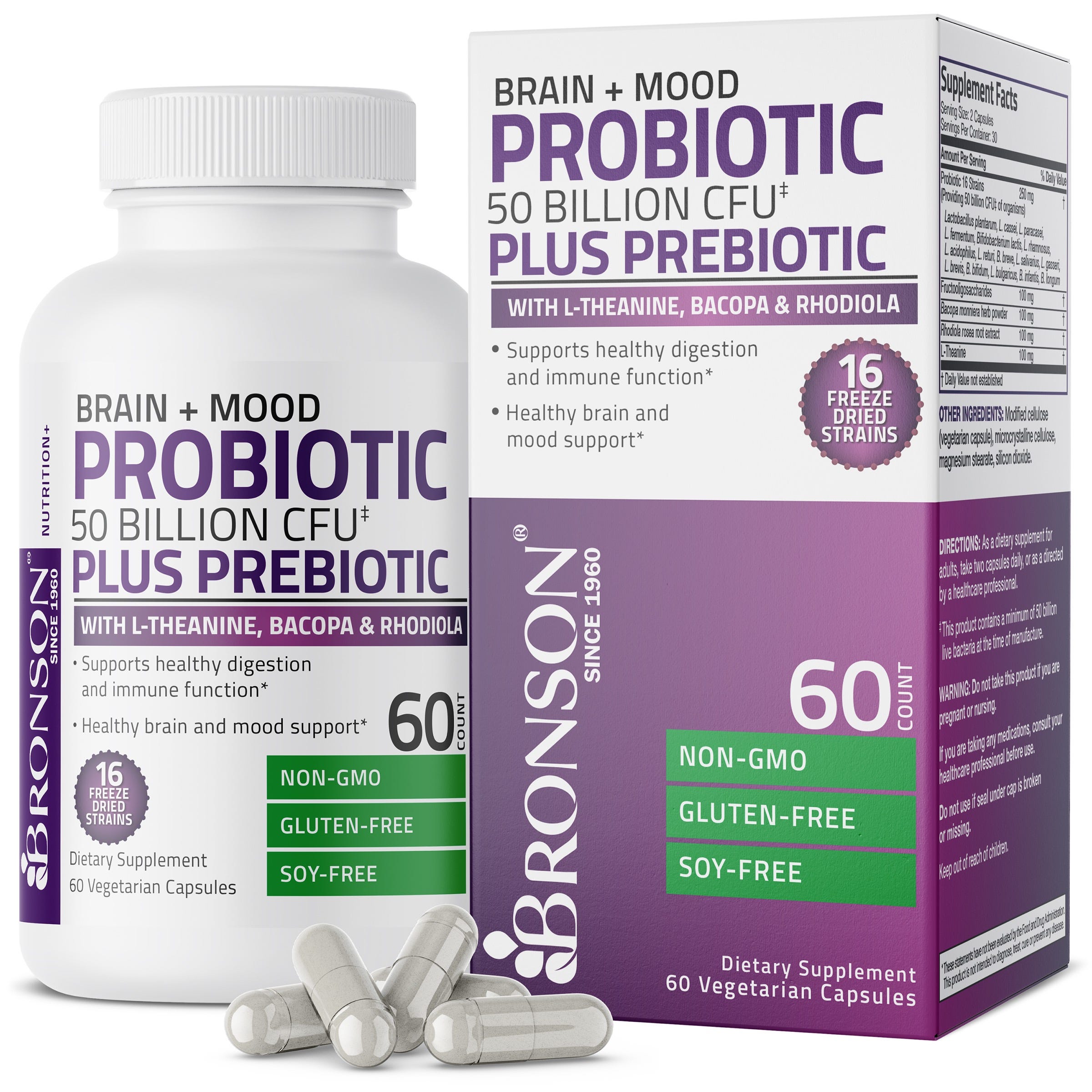 Probiotic Plus Prebiotic with L-Theanine, Bacopa & Rhodiola - 50 Billion CFU - 60 Vegetarian Capsules view 1 of 7