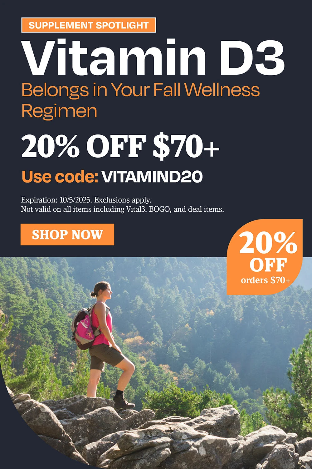 Supplement spotlight. Vitamin D3 belongs in your fall wellness regimen. 20% off $70. Use code VITAMIND20