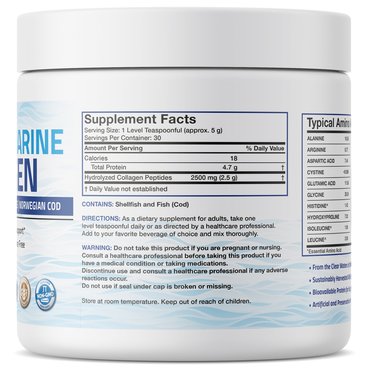 Marine Collagen Peptides Nordic Norwegian Wild Caught Cod Powder - Unflavored - 150g (5.29 oz)
