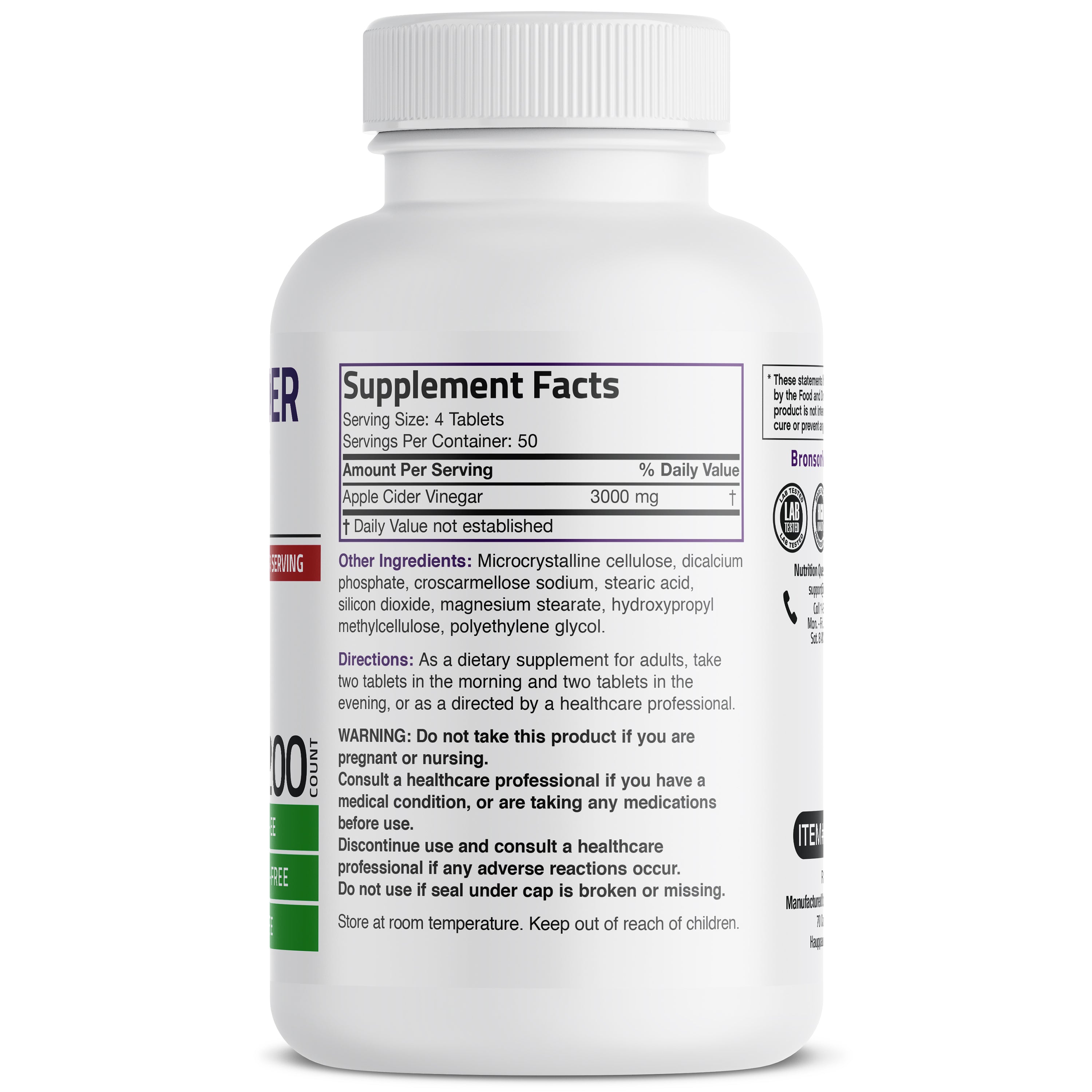 Apple Cider Vinegar 3000 MG, 200 Vegetarian Tablets