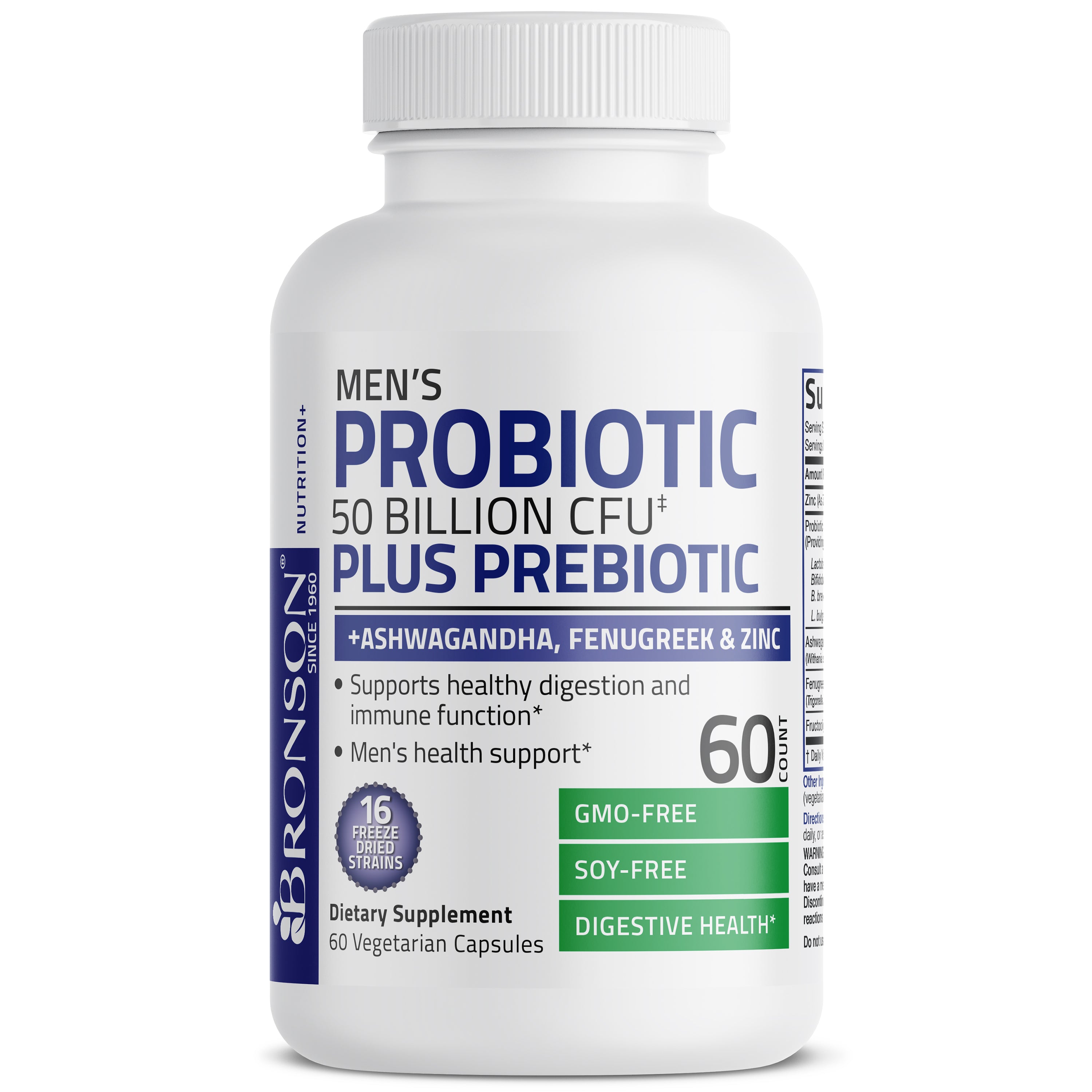 Men's Probiotic 50 Billion CFU Plus Prebiotic with Ashwagandha, Fenugreek & Zinc, 60 Vegetarian Capsules